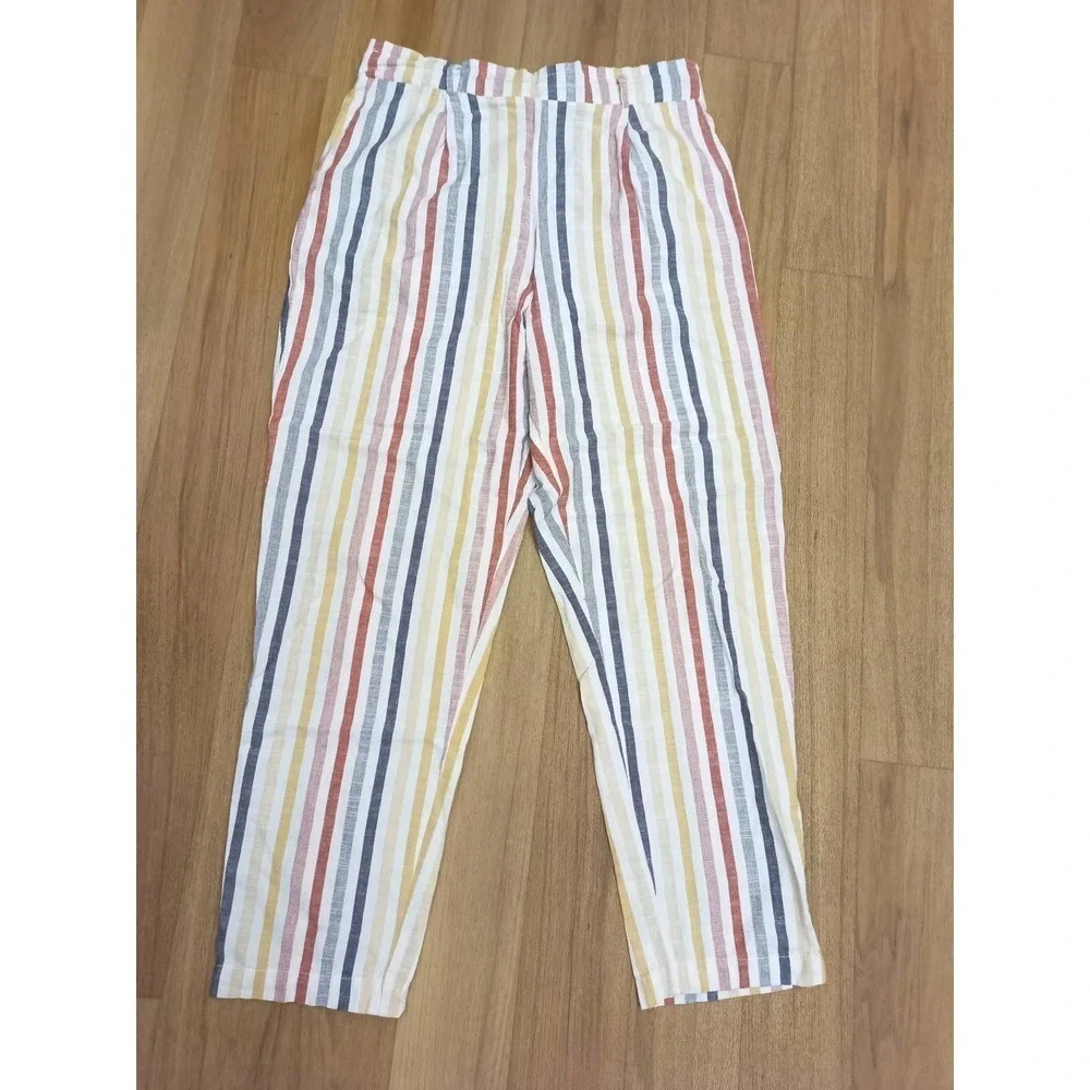 Blu Pepper Women Sz L Stripe Paperbag Boho Pants With Pockets Belt Loops - Picture 2 of 5